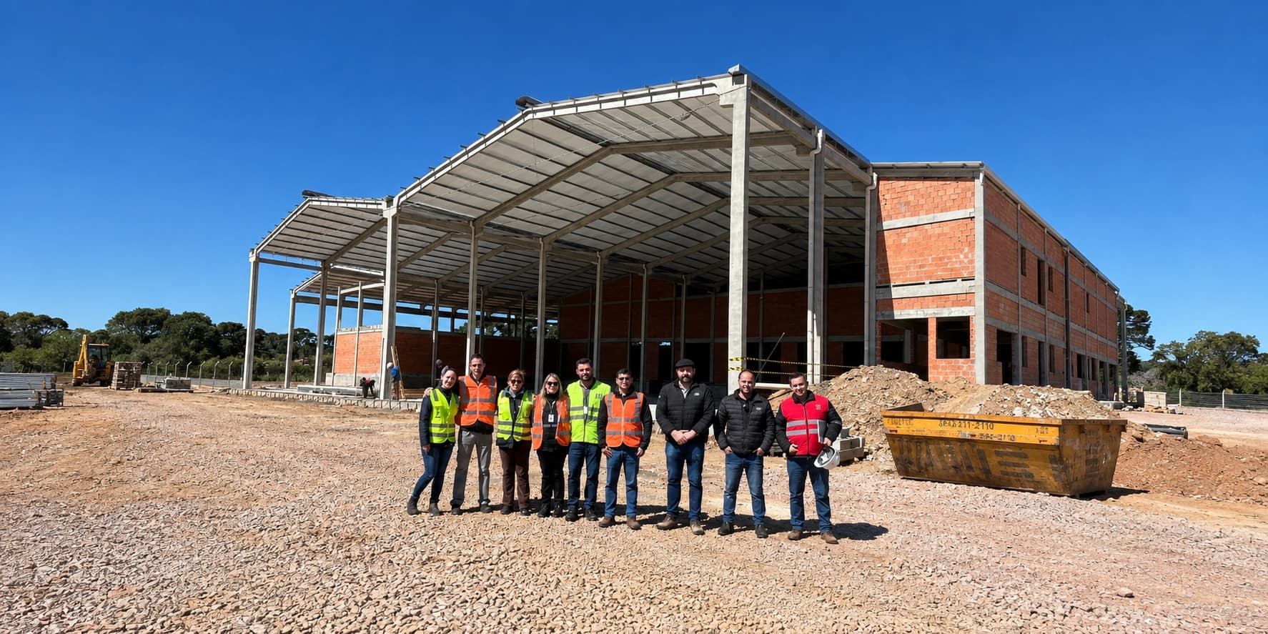 Equipe de dez pessoas com coletes refletivos em frente à estrutura metálica de um galpão em obra